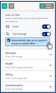 MyChart wait list offer screen