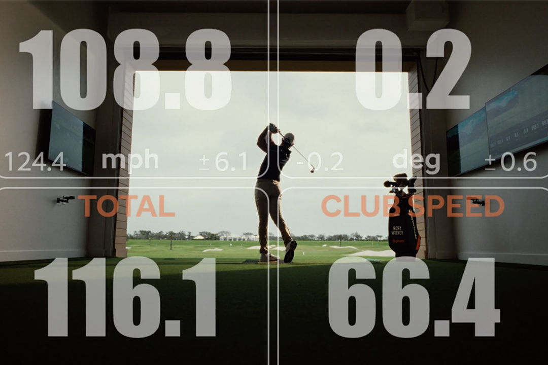 Rory McIlroy swinging a golf club with club speed and miles per hour statistics