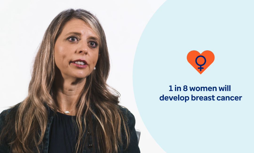 Image of provider and statistic that one in 8 women will develop breast cancer